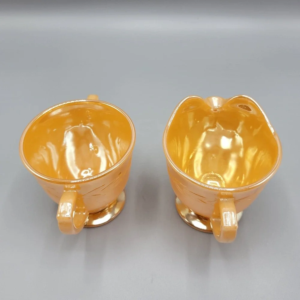 Vintage Orange Lustre Fire King Creamer & Sugar Set Laurel Leaf Glass Oven Ware